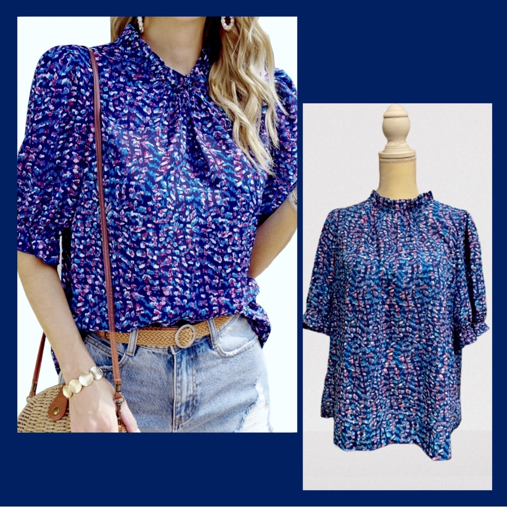 Watercolor Blouse Ruffle Short Sleeve Trim Mock Neck Multicolor Floral
